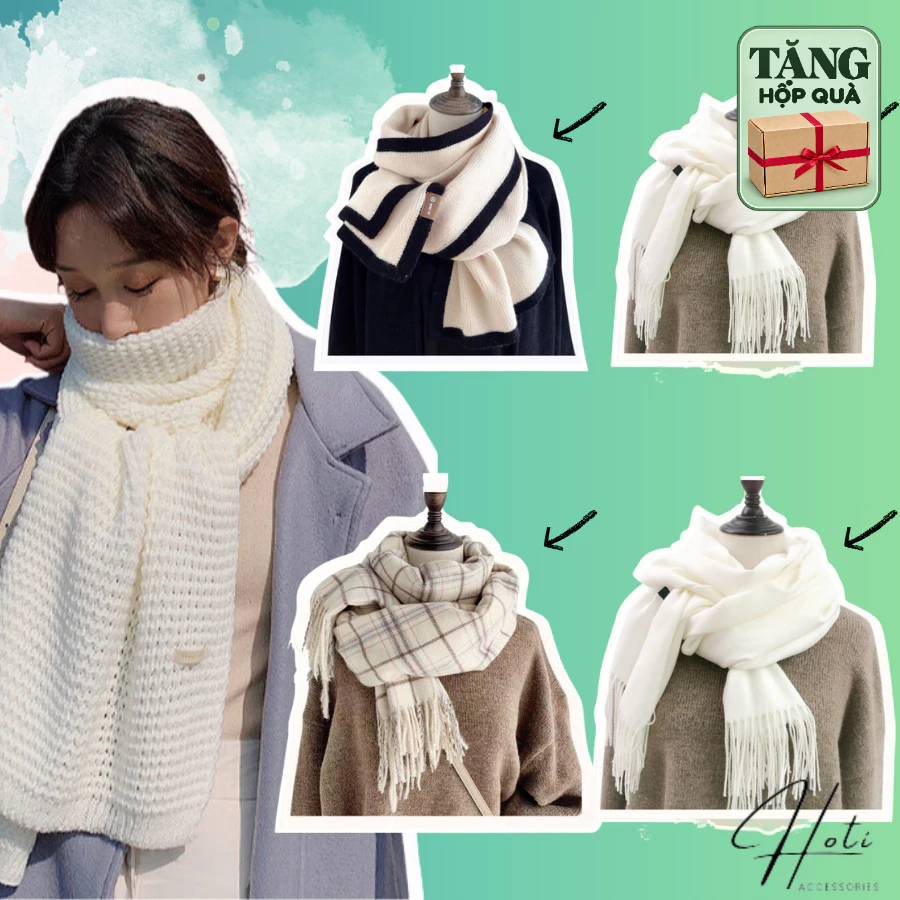 [QUÀ TẶNG 20/11] Khăn Len Choàng Quàng Cổ Dày Giữ Ấm Mùa Đông Mềm Tone Trắng Nữ Nam Cặp Đôi Chất Cashmere - Mã THLN003