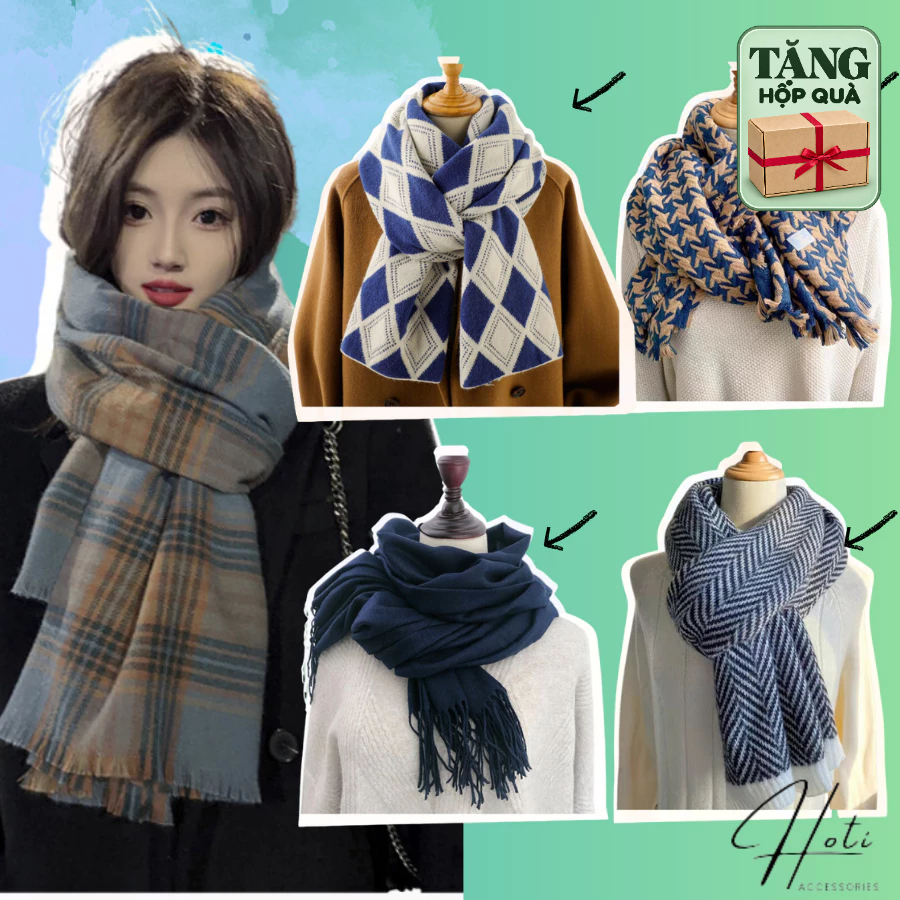 Khăn Len Choàng Quàng Cổ Cashmere Giữ Ấm Mùa Đông Nam Nữ Tone Xanh Dương Chất Liệu Dày Dặn Tốt Thời Trang - Mã THLN002