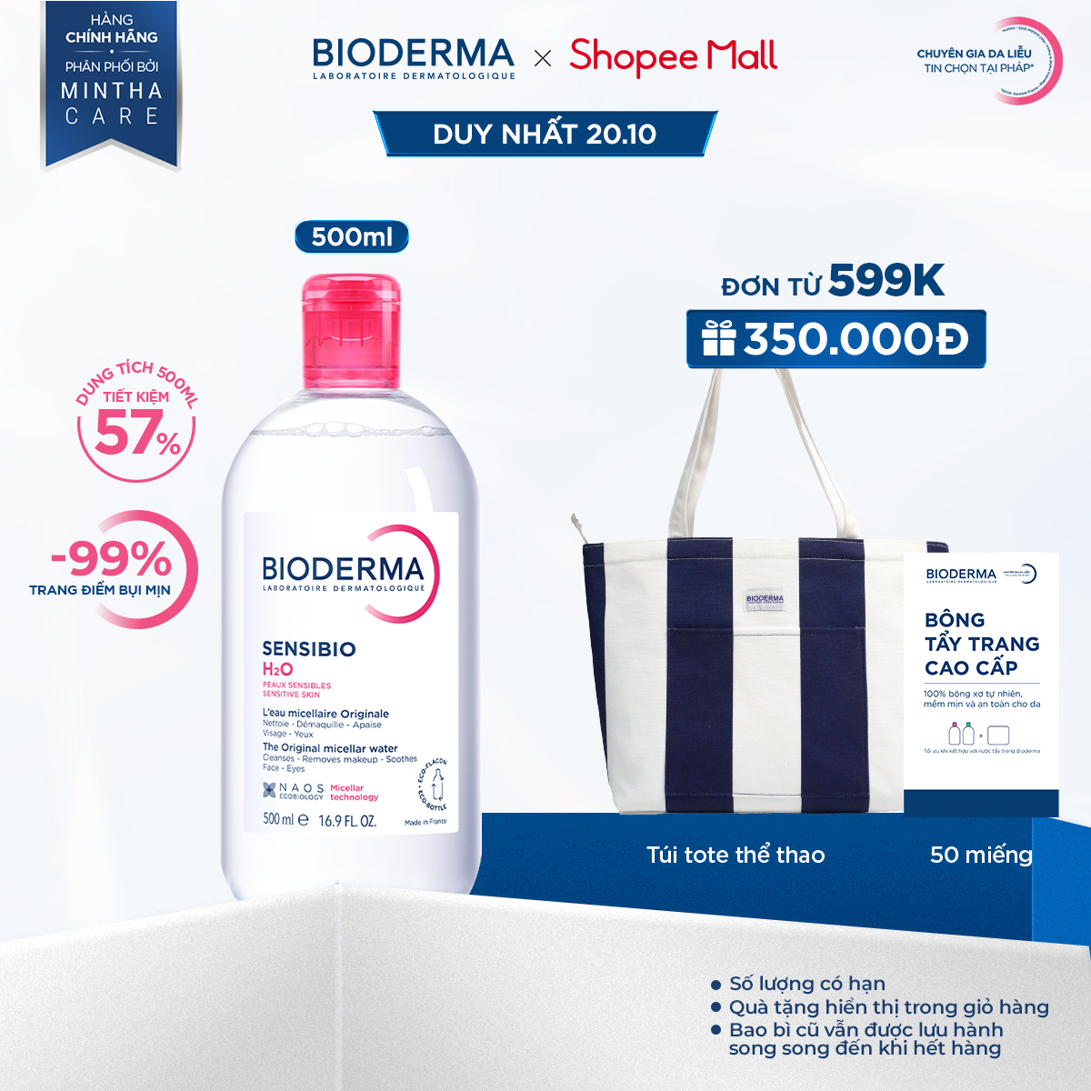 Dung dịch làm sạch và tẩy trang công nghệ Micellar cho da thường & nhạy cảm Bioderma Sensibio H2O - 500ml