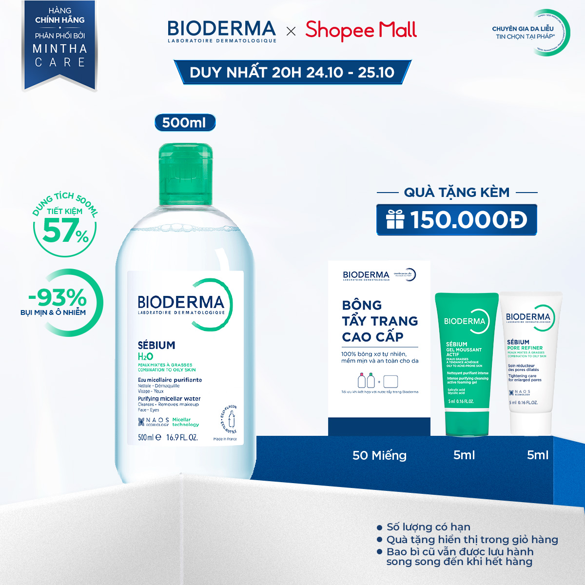 Dung dịch làm sạch và tẩy trang công nghệ Micellar cho da hỗn hợp, da dầu, và da mụn Bioderma Sebium H2O - 500ml