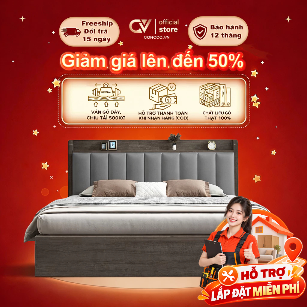 Giường Ngủ Gỗ Bọc Nệm Cao Cấp CONOCO Ván Giường Kín Chống Ồn Chịu Lực Tốt 1m6 1m8