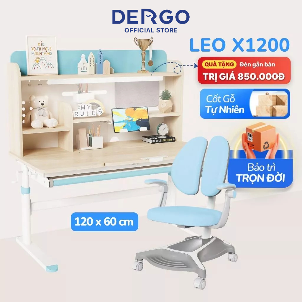 Bộ Bàn Học Chống Gù DERGO LEO X1200 Cốt Gỗ Tự Nhiên, Giá Sách Lớn, Nâng Hạ Tay Quay, Tặng Đèn Chống Cận