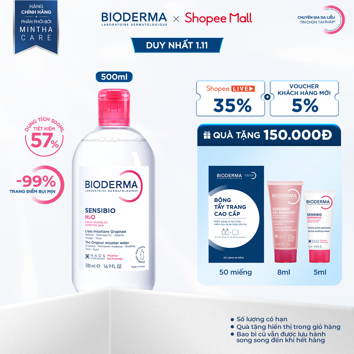 Dung dịch làm sạch và tẩy trang công nghệ Micellar cho da thường & nhạy cảm Bioderma Sensibio H2O - 500ml