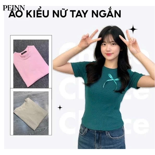 [Peinn] Áo Thun Trơn Nh147 Có Nơ Đính Ngực, Chất Liệu Co Giãn