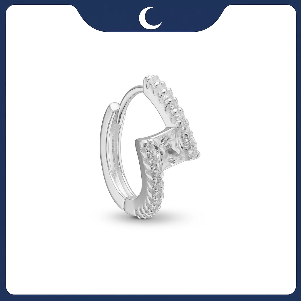 Khuyên tai bạc 925 dạng khoen mặt vuông đính đá Luna Jewelry