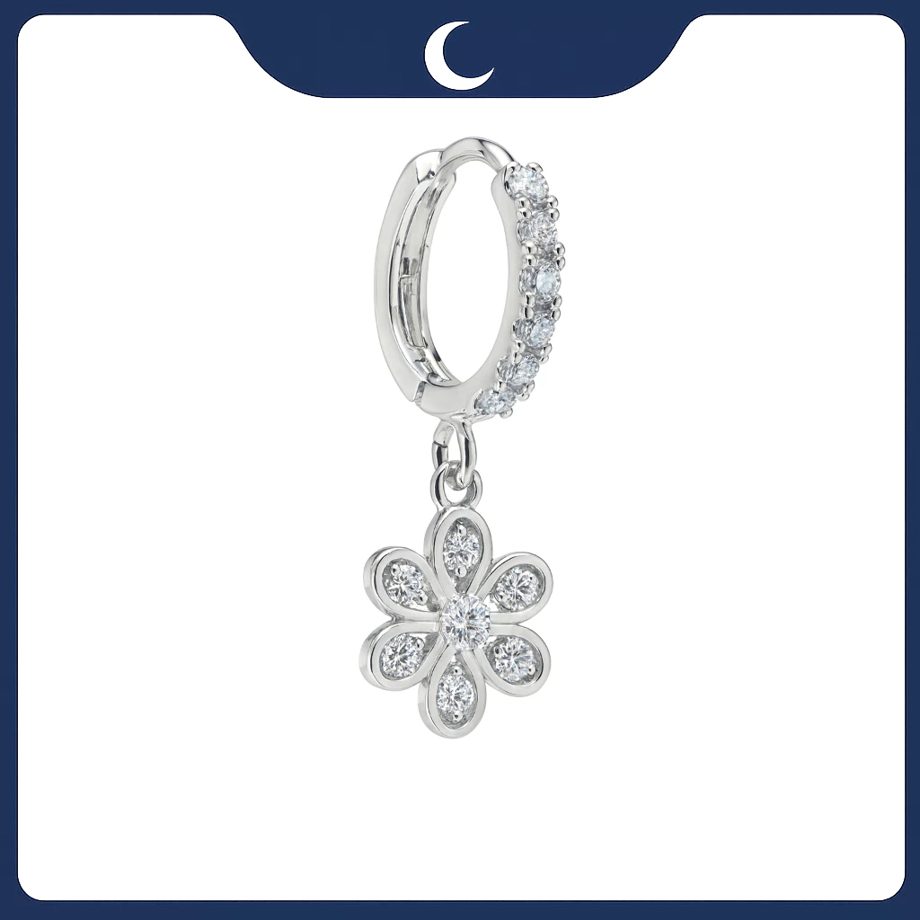 Khuyên tai bạc 925 Luna Jewelry dạng khoen bông hoa đính đá