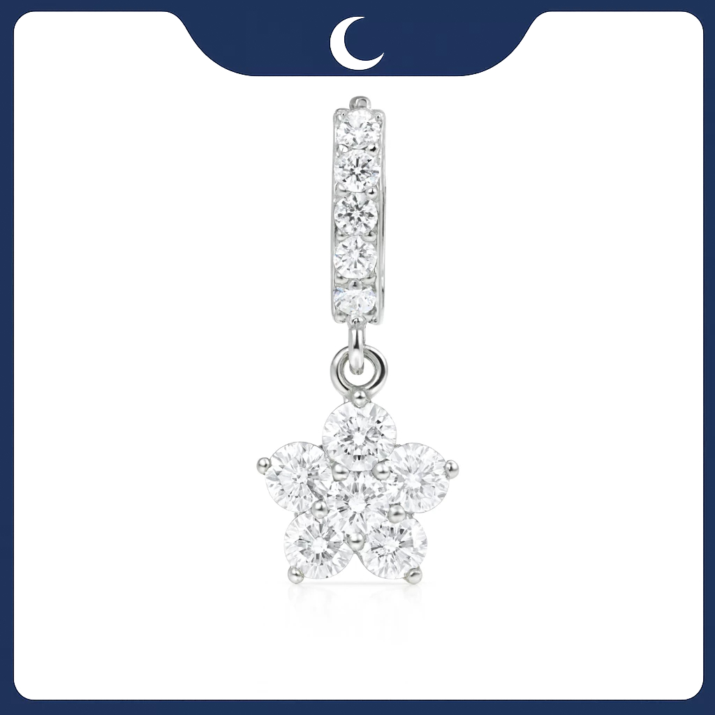 Khuyên tai bạc 925 Luna Jewelry dạng khoen Đá Moissanite 4mm Bông Hoa Năm Cánh
