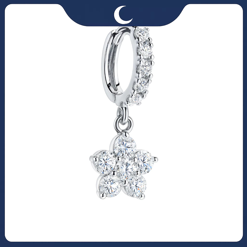 Khuyên tai bạc 925 Luna Jewelry dạng khoen Đá Moissanite 4mm Bông Hoa Năm Cánh
