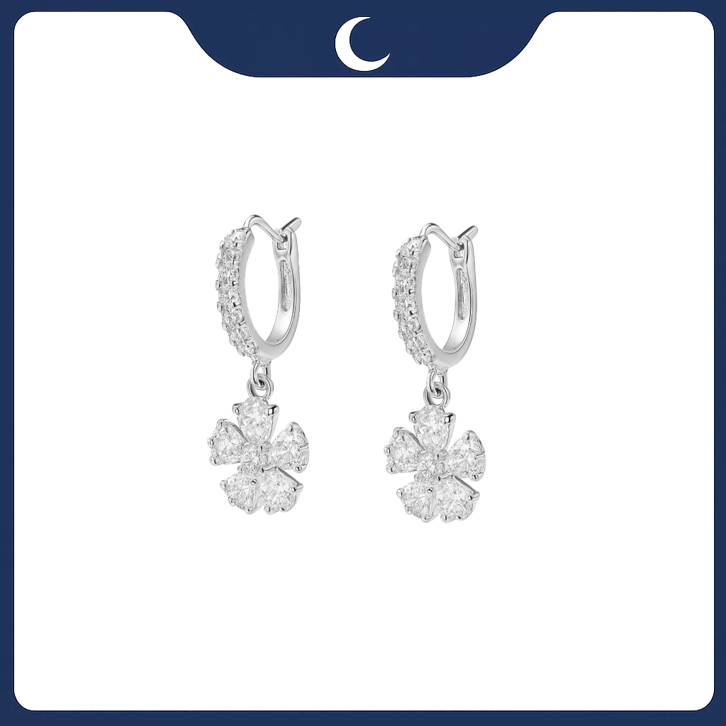 Khuyên tai bạc 925 Luna Jewelry khoen hình hoa đính đá