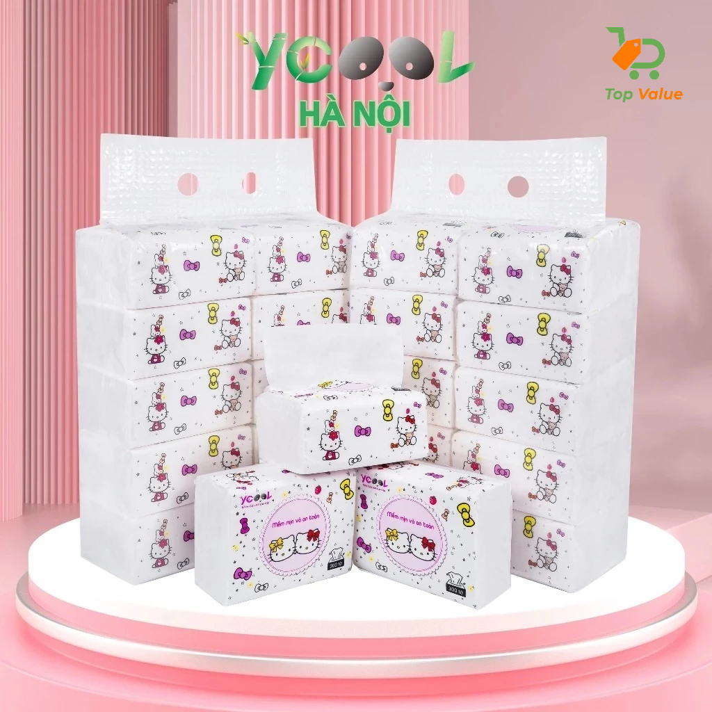 [Top Value] Khăn giấy tre 1 thùng 30 gói Hello Kitty 300 tờ giấy ăn gấu trúc YCOOL MHN01 khăn giấy tre