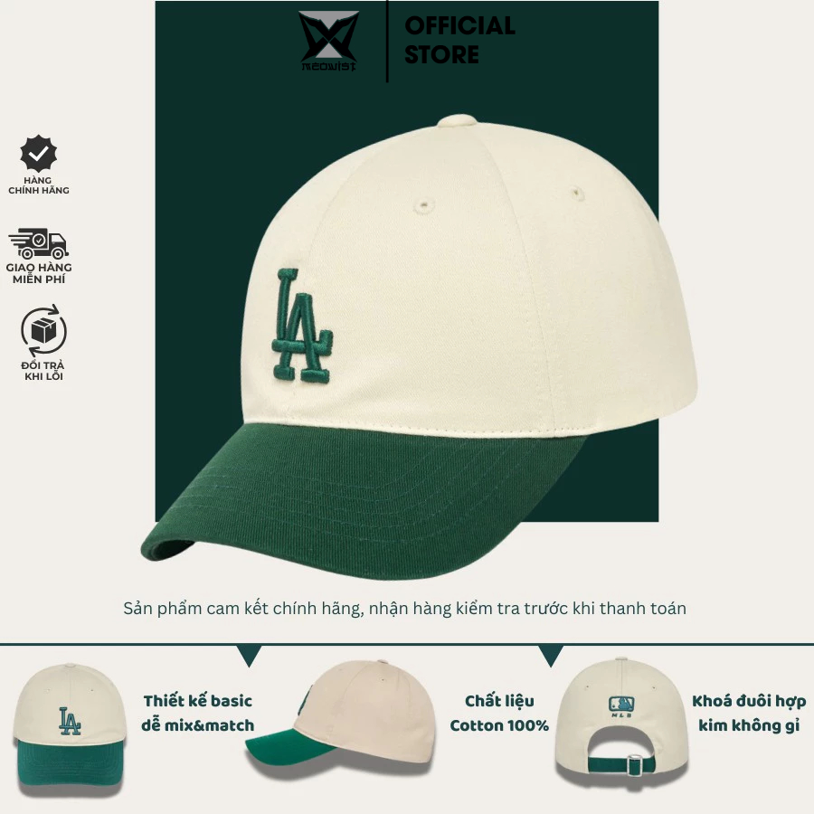 Mũ Nón lưỡi trai Meowist chất liệu vải Kaki Cream Green Logo LA , nón lưỡi trai Thời trang, Thể thao