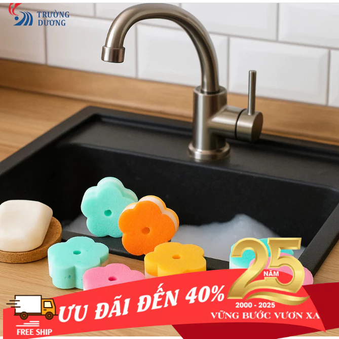 Miếng rửa chén hình bông hoa, bông mút rửa bát siêu sạch kháng khuẩn giao màu ngẫu nhiên