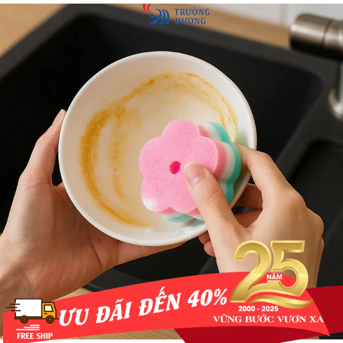 Miếng rửa chén hình bông hoa, bông mút rửa bát siêu sạch kháng khuẩn giao màu ngẫu nhiên