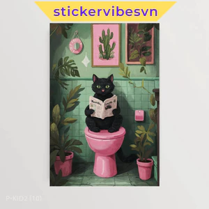 Tranh dán tường fomex, black cat seated upright on a vibrant pink toilet, có sẵn keo dán 2 mặt, nhận in theo yêu cầu