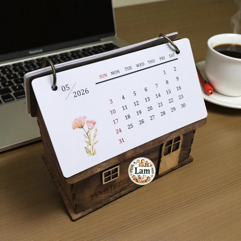 Lịch gỗ Ngôi Nhà, Lịch để bàn đa năng | LynhDecor Miễn Phí in,khắc tên Logo theo yêu cầu