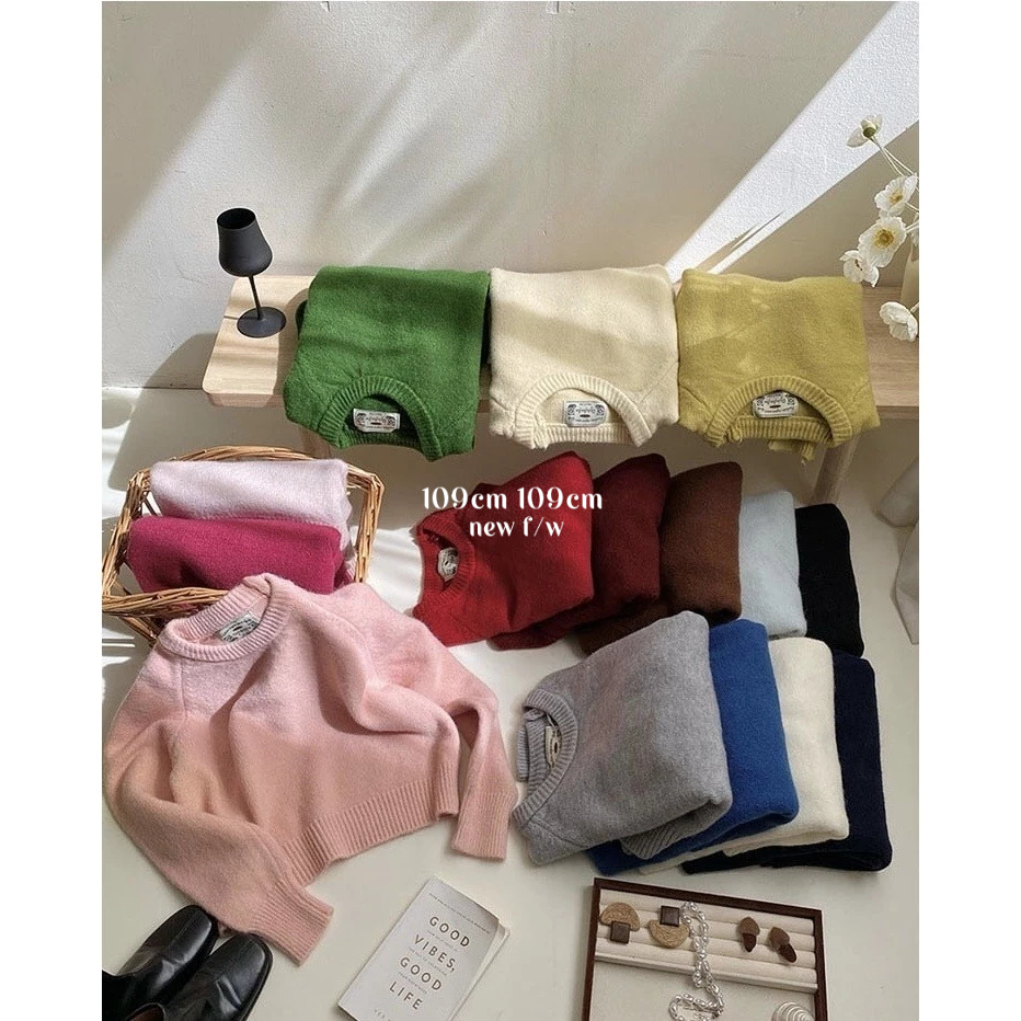 𝟏𝟎𝟗𝐜𝐦 (sẵn một số màu) Áo len nữ trơn basic cổ tròn dáng lửng dày dặn