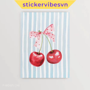 Tranh dán tường fomex, Watercolor Cherries with Pink Heart Bow, có sẵn keo dán 2 mặt, nhận in theo yêu cầu
