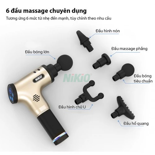 Súng Massage Giảm Căng Cơ Đau Nhức Nikio Nhật Bản NK-171 - 6 đầu, 6 tốc độ, 5 kiểu massage
