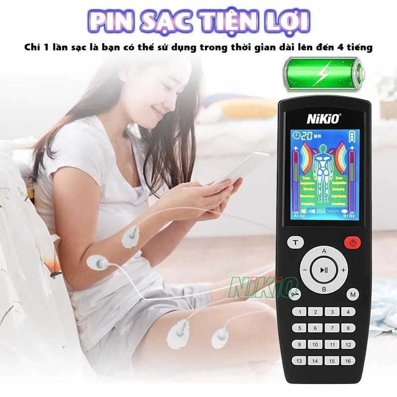 Máy Massage Xung Điện 2 Điện Cực 8 Miếng Dán Nikio NK-103A - Pin sạc