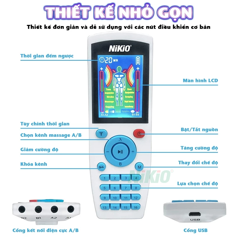 Máy massage xung điện 8 miếng dán Nikio NK-103A - 4 kênh massage riêng biệt, hẹn giờ 60 phút
