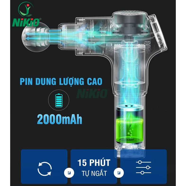 Súng máy massage cầm tay Nhật Bản Nikio NK-170A - 4 đầu, 6 cường độ massage - Màu Xanh
