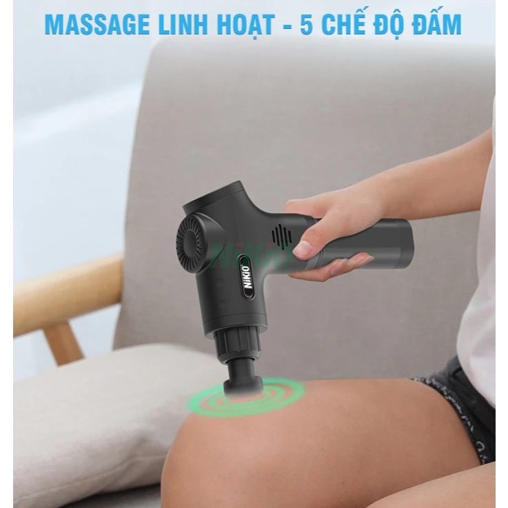 Súng massage cầm tay Nhật Bản Nikio NK-170B - 6 đầu, 5 chế độ mát xa - Màu Xanh