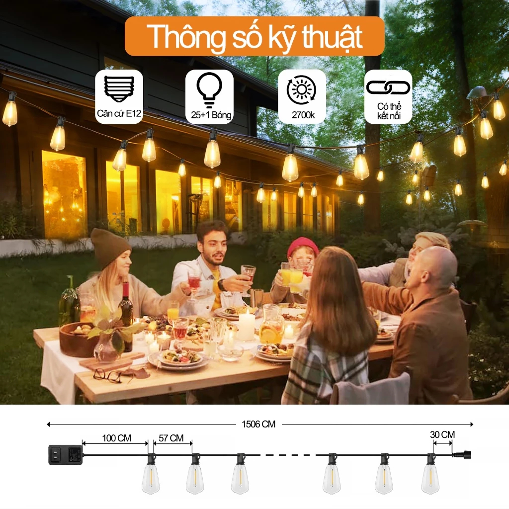 Đèn Sân Vườn Nhiệt Độ Màu 2700K Dây Đèn Led Trang Trí Chống Rơi Thích Hợp Cho Sân 7-15 Mét