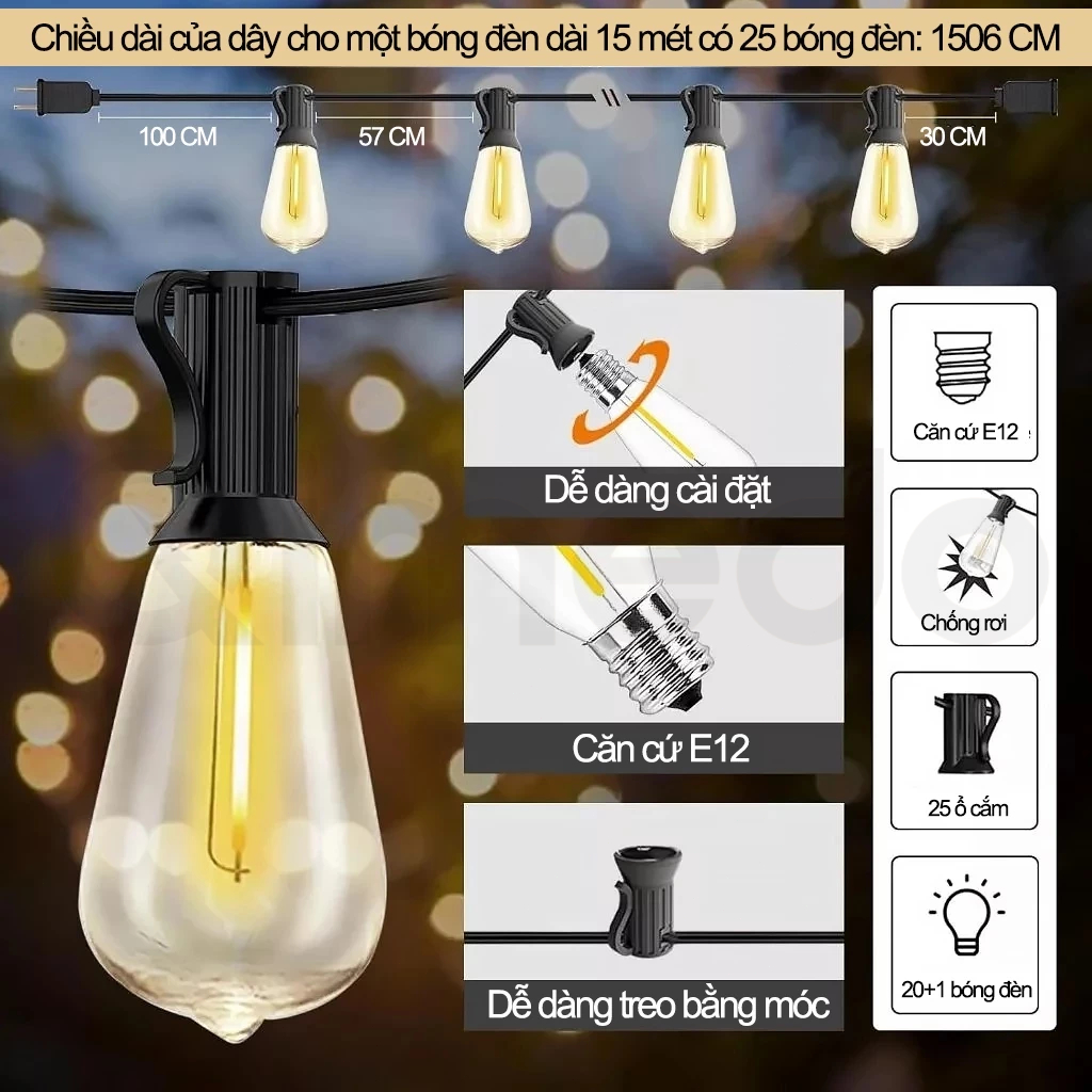 Đèn Sân Vườn Nhiệt Độ Màu 2700K Dây Đèn Led Trang Trí Chống Rơi Thích Hợp Cho Sân 7-15 Mét