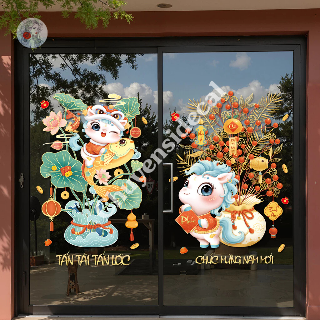 Decal Tết In UV Cao Cấp Hít Tĩnh Điện – Tấn Tài Tấn Lộc & Chúc Mừng Năm Mới – Bé Mã 2026 Decor Cửa Kính