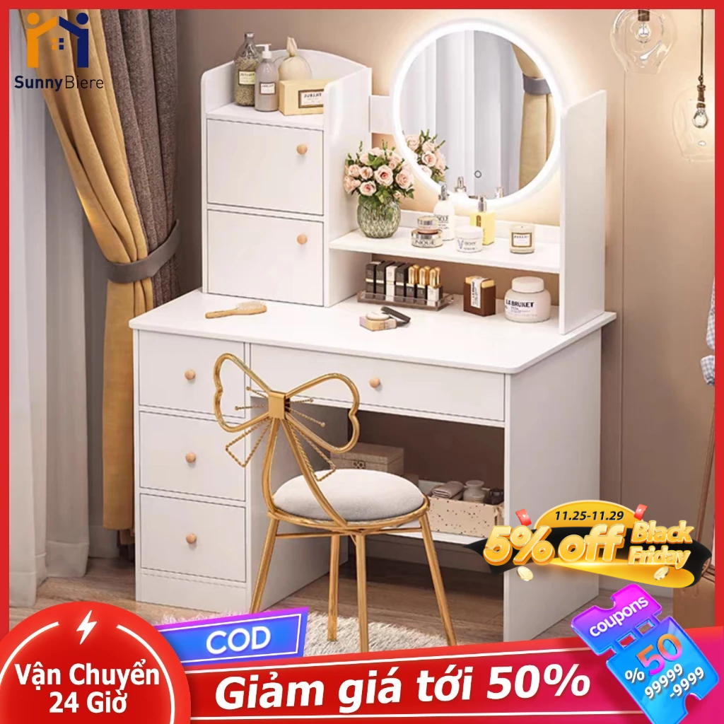 Bàn trang điểm đa năng Kèm gương tròn Tủ lưu trữ Tiết kiệm diện tích Cho phòng ngủ 𝙎𝙐𝙉𝙉𝙔 𝘽𝙄𝙀𝙍𝙀