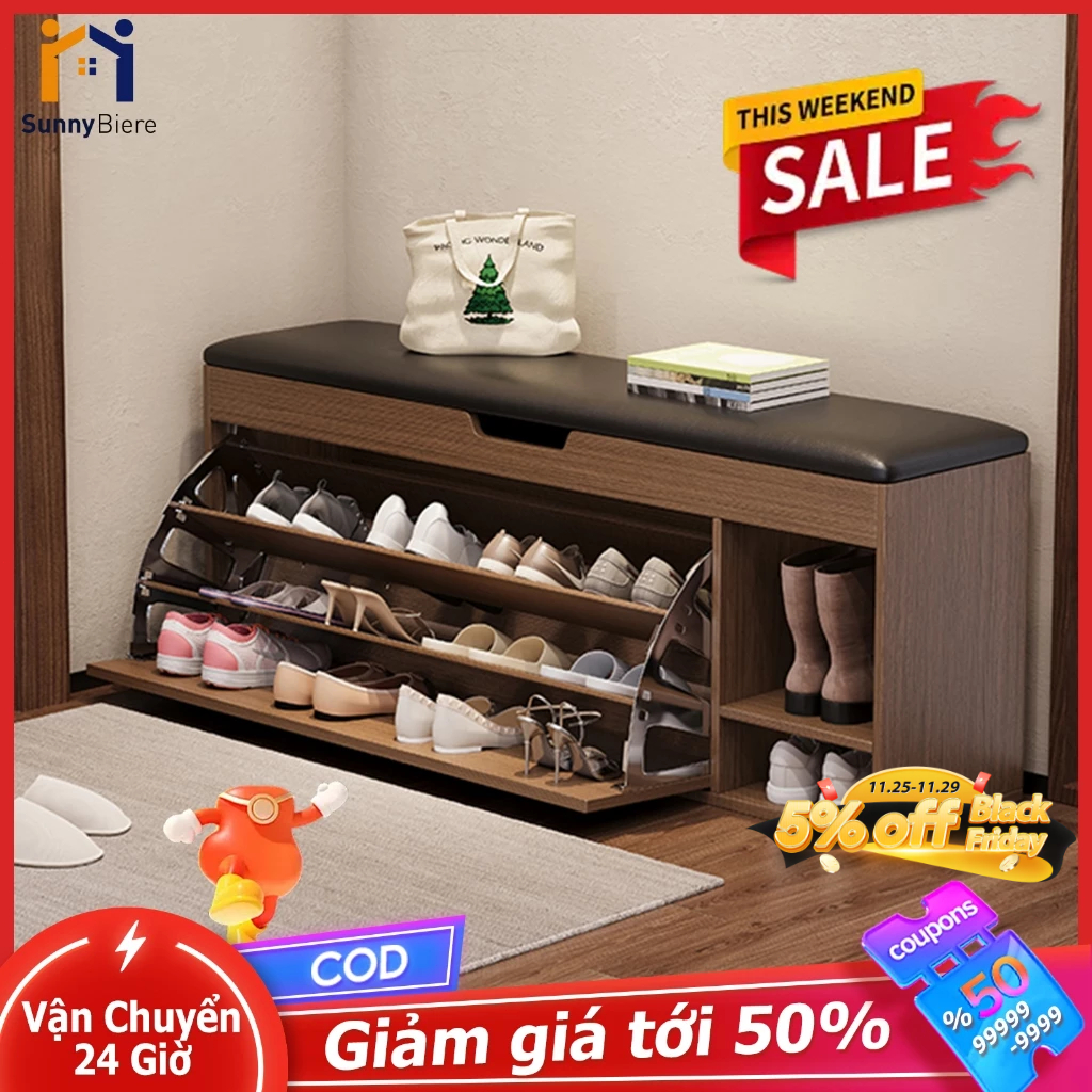 SUNNY Tủ Giày Gỗ Cánh Lật Cao Cấp Kết Hợp Nệm Ghế Ngồi Mang Giày