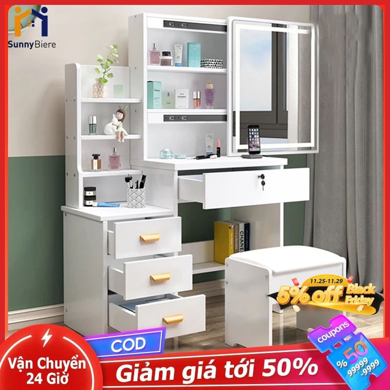 SUNNY Bàn Trang Điểm (Có Đèn Led Có Ghế), Bàn Trang Điểm Phong Cách Hàn Quốc