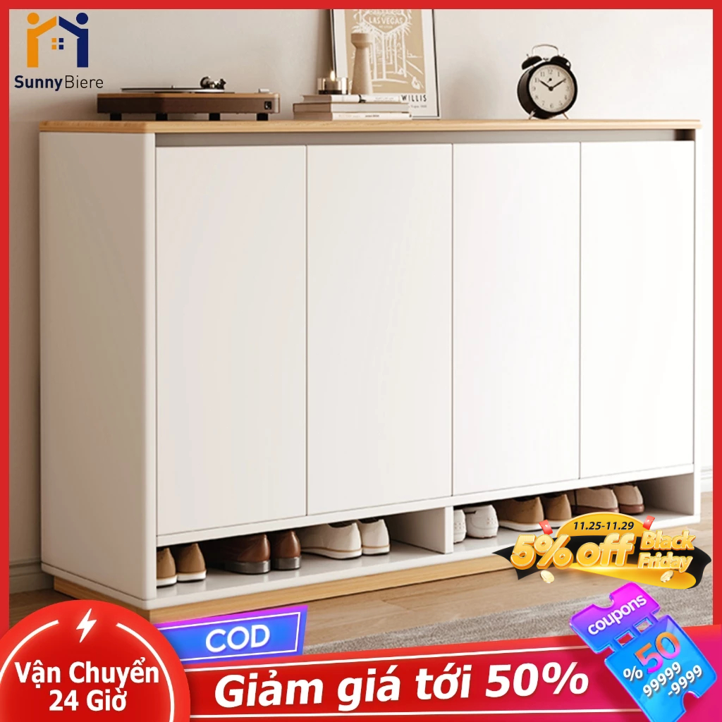 SUNNY Tủ Giày Thông Minh 4 Cánh - Gỗ MDF Cao Cấp Màu Trắng Vân Gỗ Tiết Kiệm Không Gian Dễ Lắp Đặt