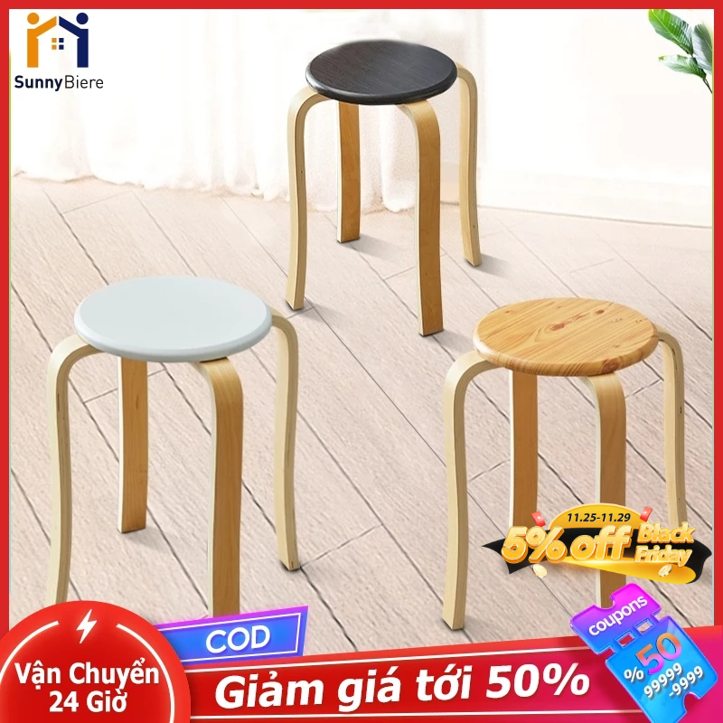 SUNNY Ghế Đôn Gỗ Tròn Chân Thẳng Dáng Thang