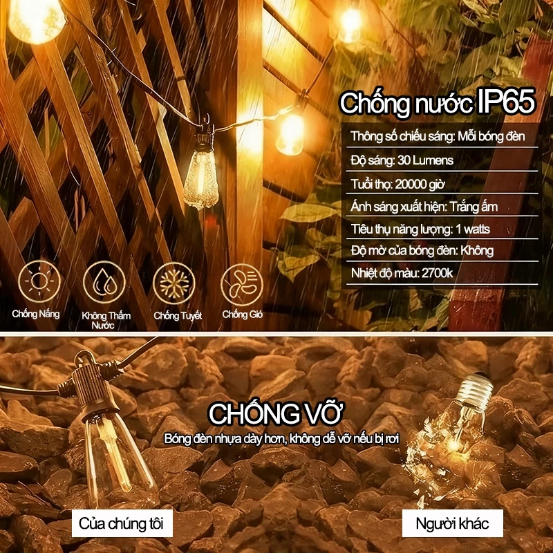 St38  Đèn Dây Ngoài Trời, Đèn Dây Trang Trí Kín Nước, Ánh Sáng Có Thể Điều Chỉnh 2700K, Có Sẵn Đèn 10M10 / Đèn 15M15