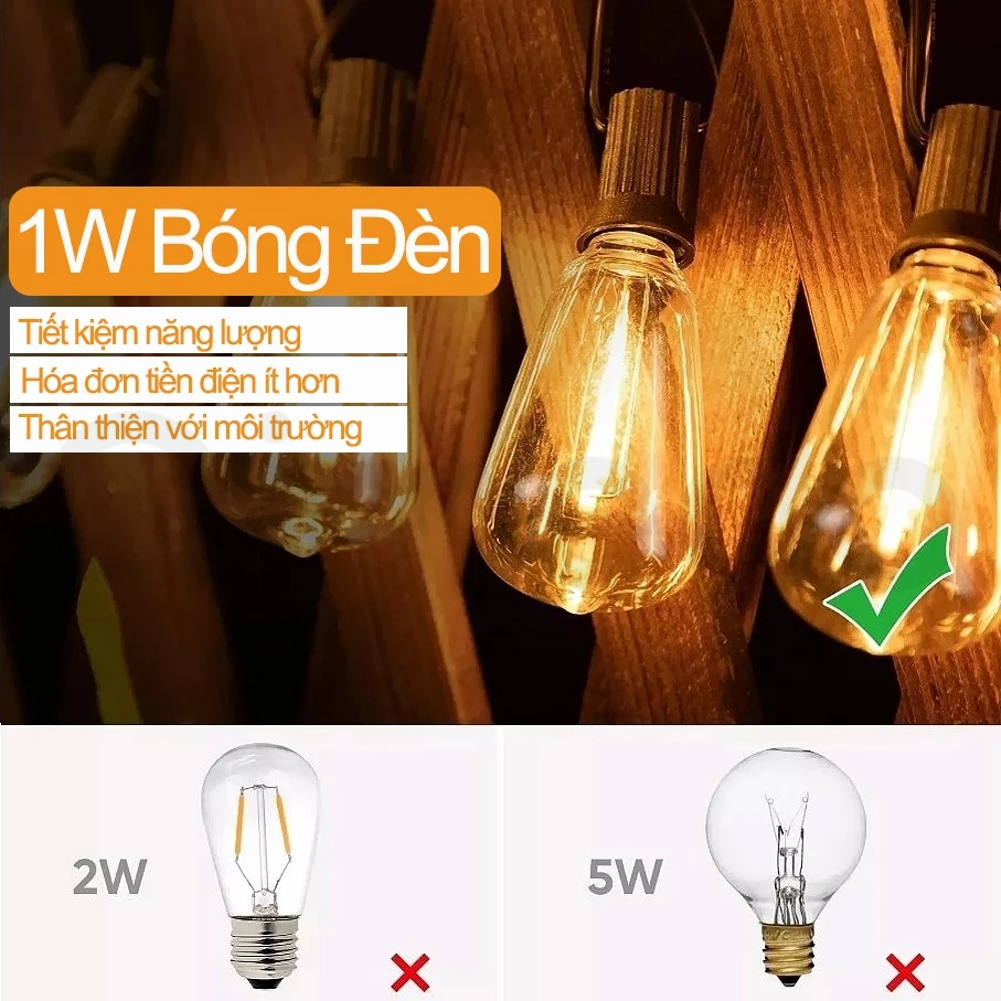St38  Đèn Dây Ngoài Trời, Đèn Dây Trang Trí Kín Nước, Ánh Sáng Có Thể Điều Chỉnh 2700K, Có Sẵn Đèn 10M10 / Đèn 15M15