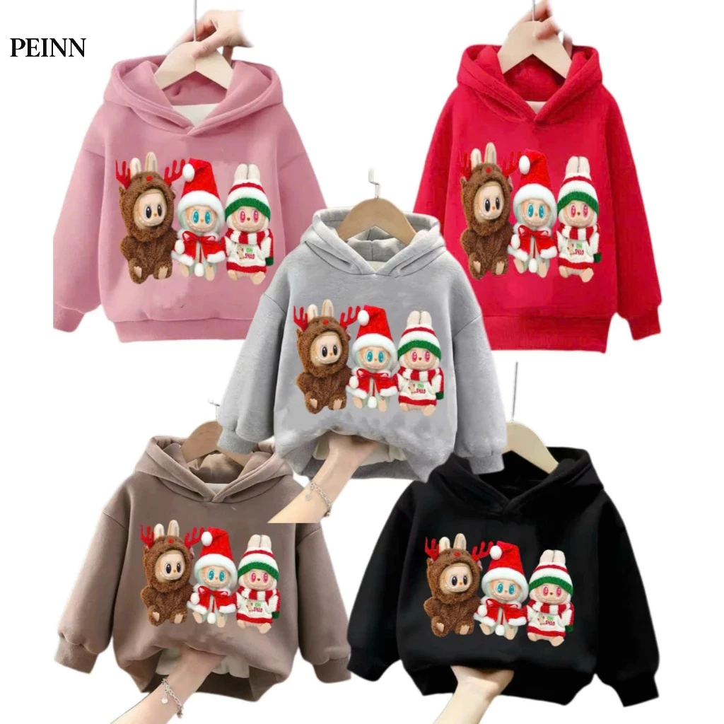 [Peinn] Áo nỉ hoodie thu đông dành cho bé trai và bé gái 14-45kg mẫu NOEL LABUBU. Chất liệu ấm áp, giữ nhiệt. D56 - EB46