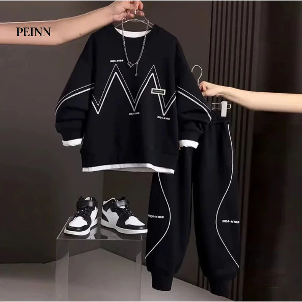 [Peinn] Bộ quần áo thu đông bé trai1 4-45kg mẫu KICS. Chất liệu vải nỉ da cá ấm áp, co dãn. D31 - EB152