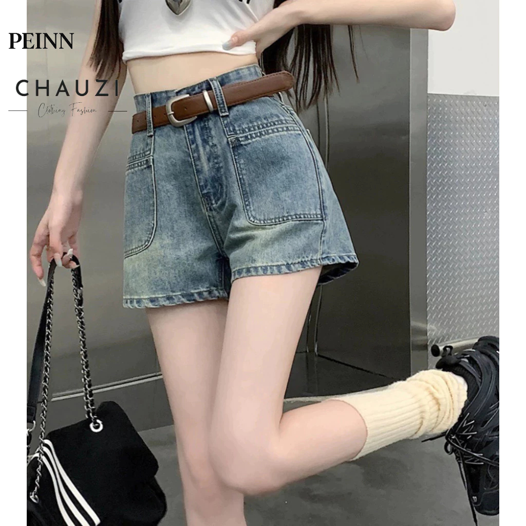 [PEINN] Quần Short Denim Chauzi Lưng Cao Phối Túi Trước Cho Nữ Cao Cấp Phong Cách Thời Trang Hàn Quốc QS247