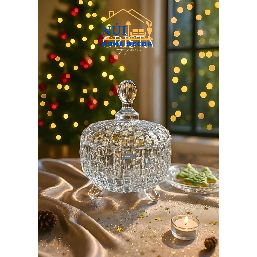 Bộ 2 Hũ Mứt Tết Cao Cấp Thủy Tinh Vân Caro Crista Home, Hũ đựng hạt, mứt, bánh, kẹo decor sang trọng