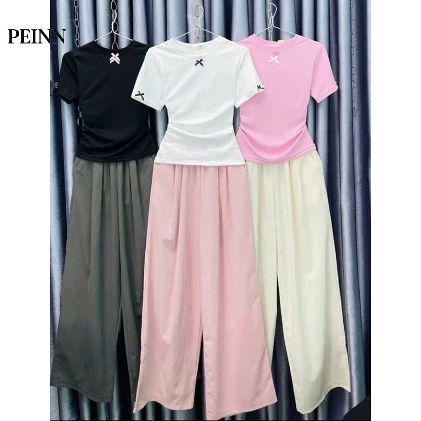 [Peinn][Bộ quần Suông Đũi Áo Nơ] Set bộ Quần Ống Suông Vải Đũi Vân Mây -Áo thun đính nơ dáng babytee Chất thun tăm
