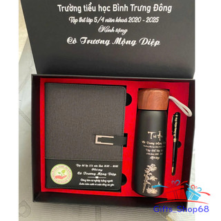 COMBO Quà tặng sổ tay da -  bình giữ nhiệt nắp vân gỗ - bút ký - In khắc theo yêu cầu.