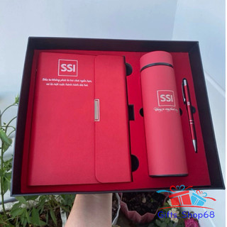 Giftset - Combo Bộ quà tặng sổ da + bình giữ nhiệt và bút ký kim loại - quà tặng văn phòng, thầy Cô giáo