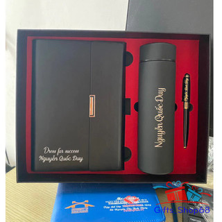 Giftset - Combo Bộ quà tặng sổ da + bình giữ nhiệt và bút ký kim loại - quà tặng văn phòng, thầy Cô giáo