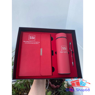 Giftset - Combo Bộ quà tặng sổ da + bình giữ nhiệt và bút ký kim loại - quà tặng văn phòng, thầy Cô giáo