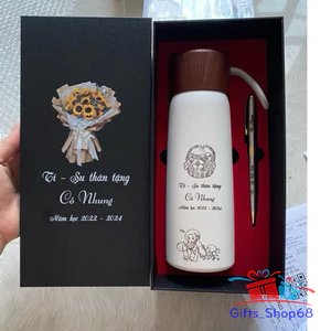 Combo Bộ quà tặng bình nắp vân gỗ + bút ký - quà tặng văn phòng, thầy cô giáo ý nghĩa - Miễn phí khắc tên