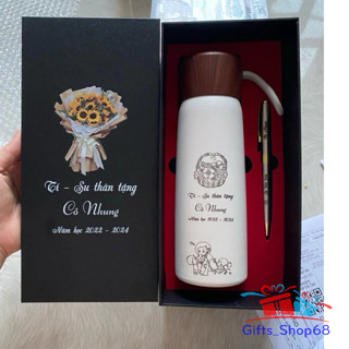 (DEAL HOT) Combo Bộ quà tặng bình nắp vân gỗ + bút ký - quà tặng văn phòng, thầy cô giáo ý nghĩa - Miễn phí khắc tên