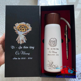 (DEAL HOT) Combo Bộ quà tặng bình nắp vân gỗ + bút ký - quà tặng văn phòng, thầy cô giáo ý nghĩa - Miễn phí khắc tên