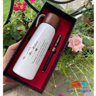 (DEAL HOT) Combo Bộ quà tặng bình nắp vân gỗ + bút ký - quà tặng văn phòng, thầy cô giáo ý nghĩa - Miễn phí khắc tên