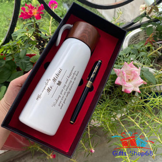(DEAL HOT) Combo Bộ quà tặng bình nắp vân gỗ + bút ký - quà tặng văn phòng, thầy cô giáo ý nghĩa - Miễn phí khắc tên